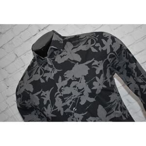 Topman Hawaiian Shirt Mens Size Medium Black Gray Floral Tropical Cotton Stretch
